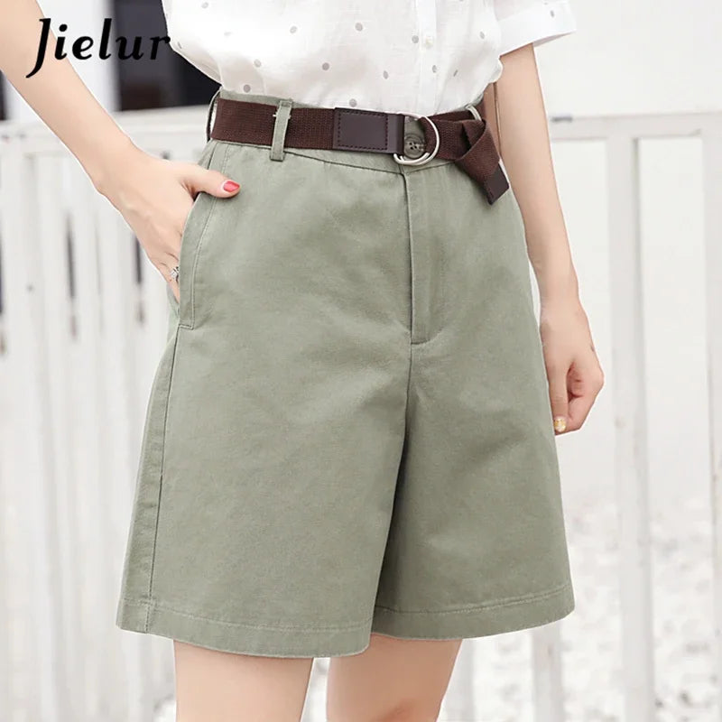 Jielur Shorts All-match 4 Solid Color Sashes Casual Shorts Women A-line High Waist Slim Short Femme Chic S-XXL Ladies Bottom Light green