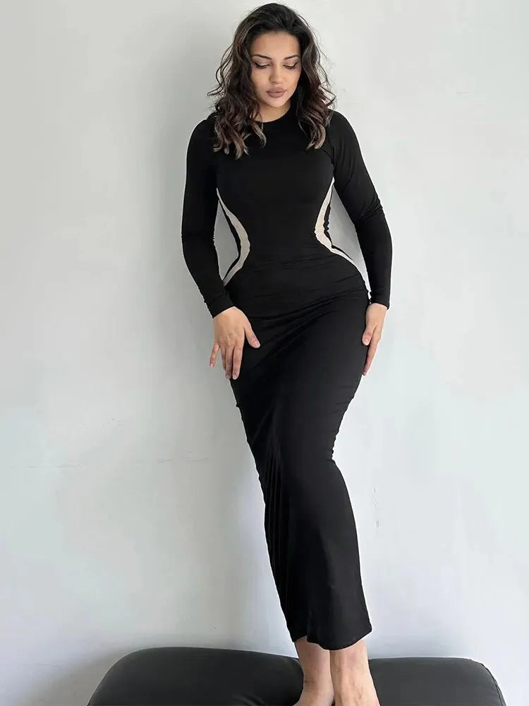 Women Autumn Winter Long Sleeve Party Club Streetwear Bodycon Black Long Dress Wholesale Items For Business black