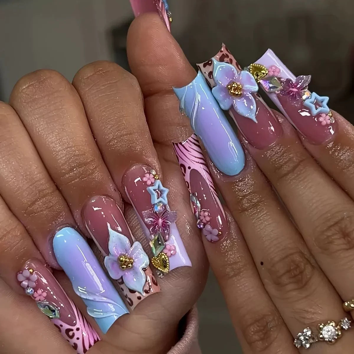 24Pcs Long Square Coffin Fake Nail Full Cover 3D Flowers with Leopard Print Pattern French Manicure Wearable Spice Acrylic Nails