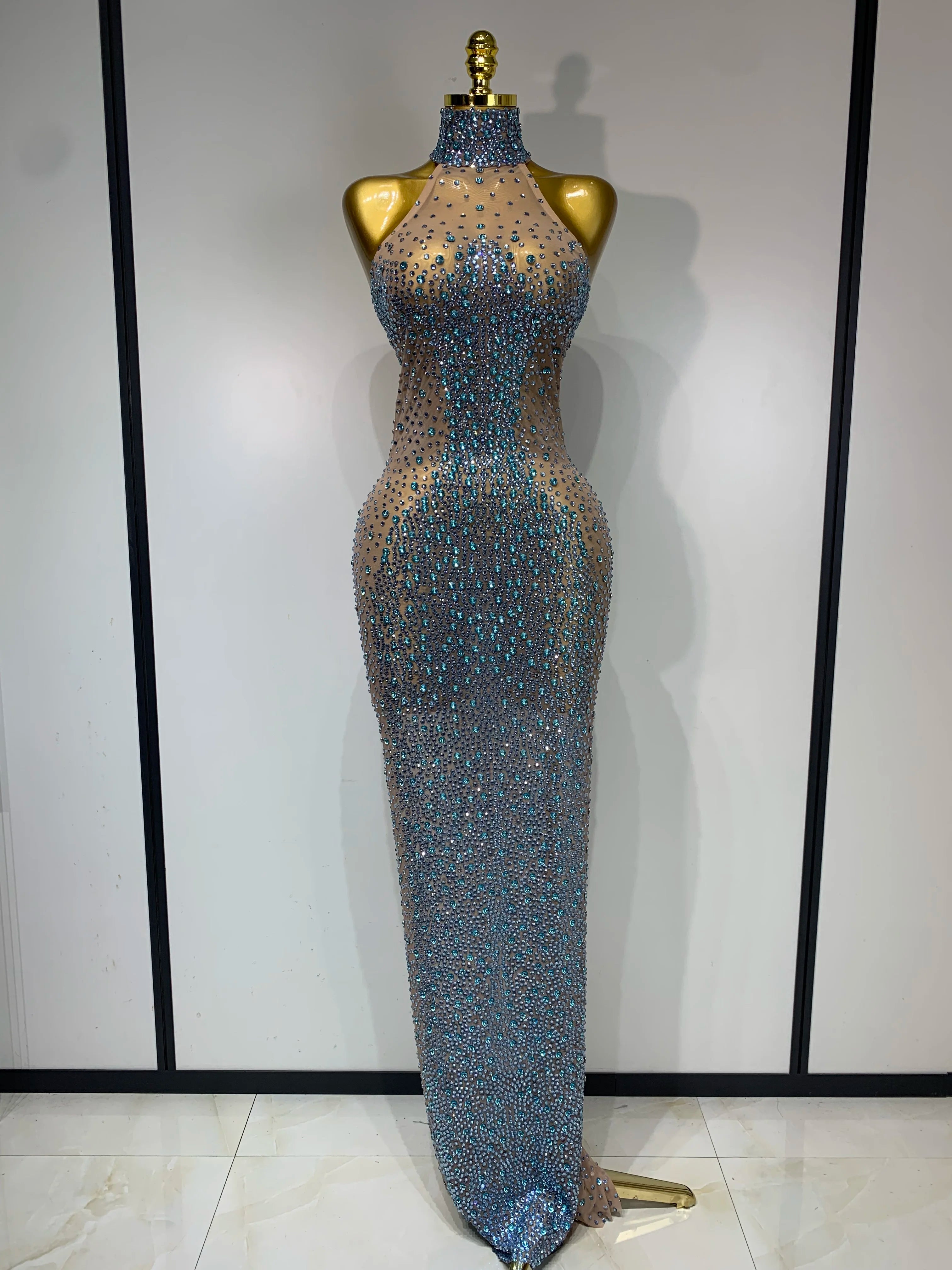 Women Luxury Birthday Celebrate Dress Dancer Party Show Stage Outfit 2025 Sparkly Rhinestone Elastic Mesh See Through Long Dress