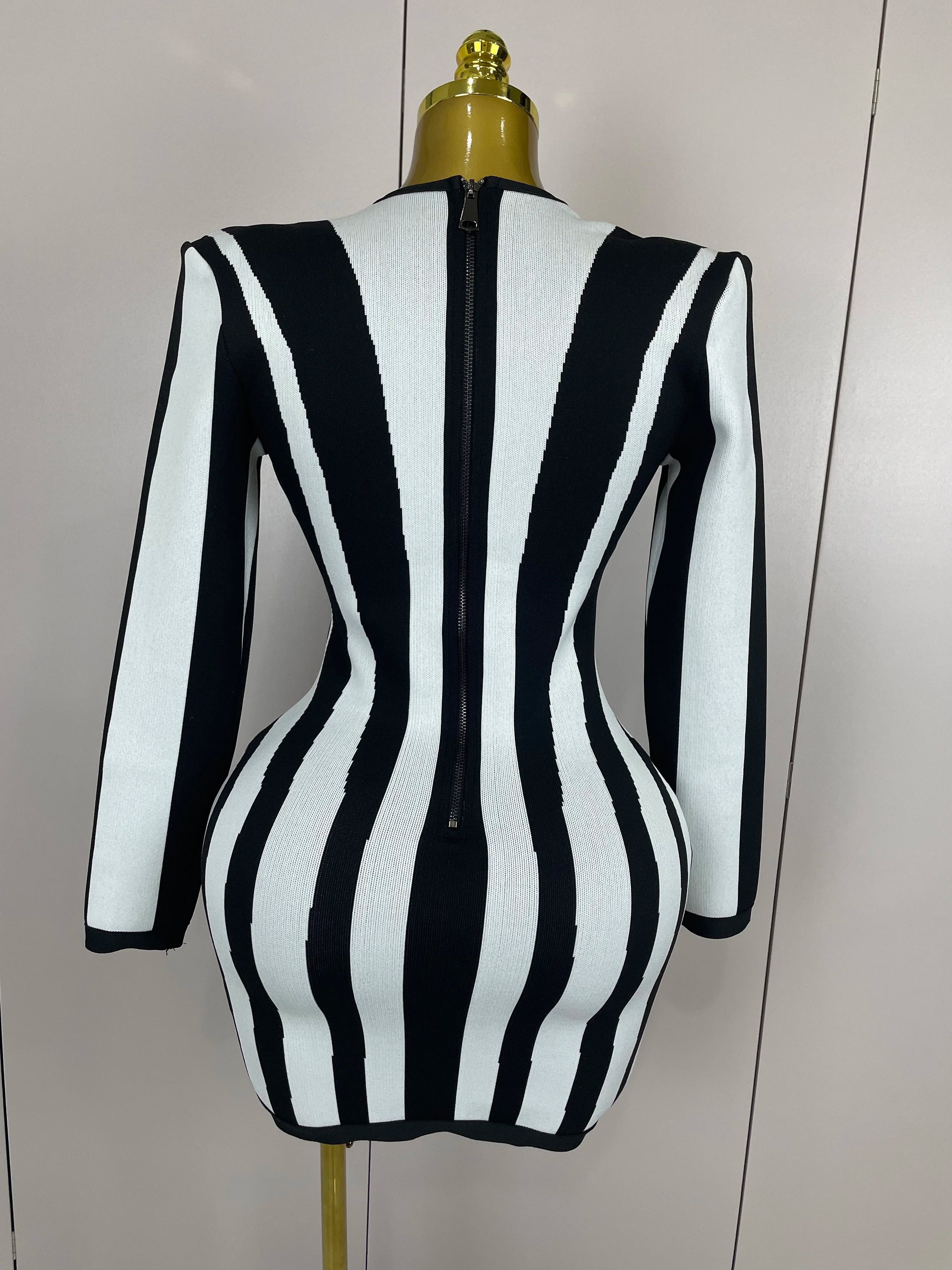 Vestido de bandagem luxuoso, sexy, de manga comprida, listrado, preto e branco, feminino, de malha, elegante, para noite, para clube, aniversário, 2025