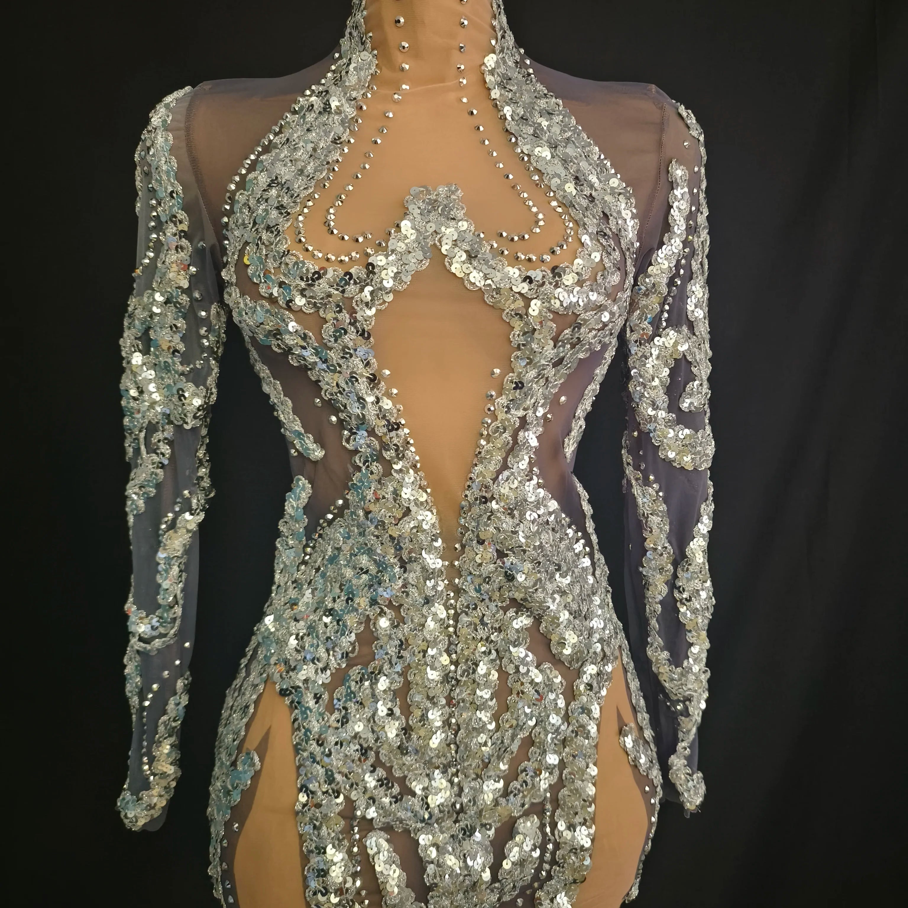 Women Sexy Mesh Sequins Stretchy Long Sleeve Sparkly Night Club See Through Singer Dancer Shining Stage Costume Mini Party Dress