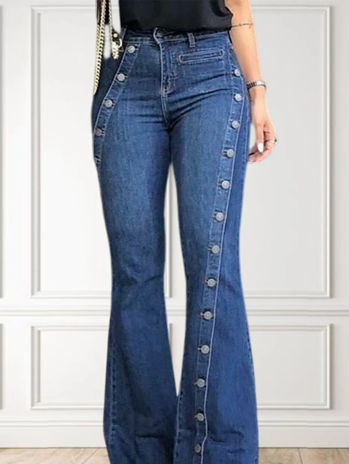 Women Fashion Plain Button Decor Flare Leg Long Denim Pants Flare Jeans Jeans Ladies High Waist Skinny bottom Wide Leg Jeans