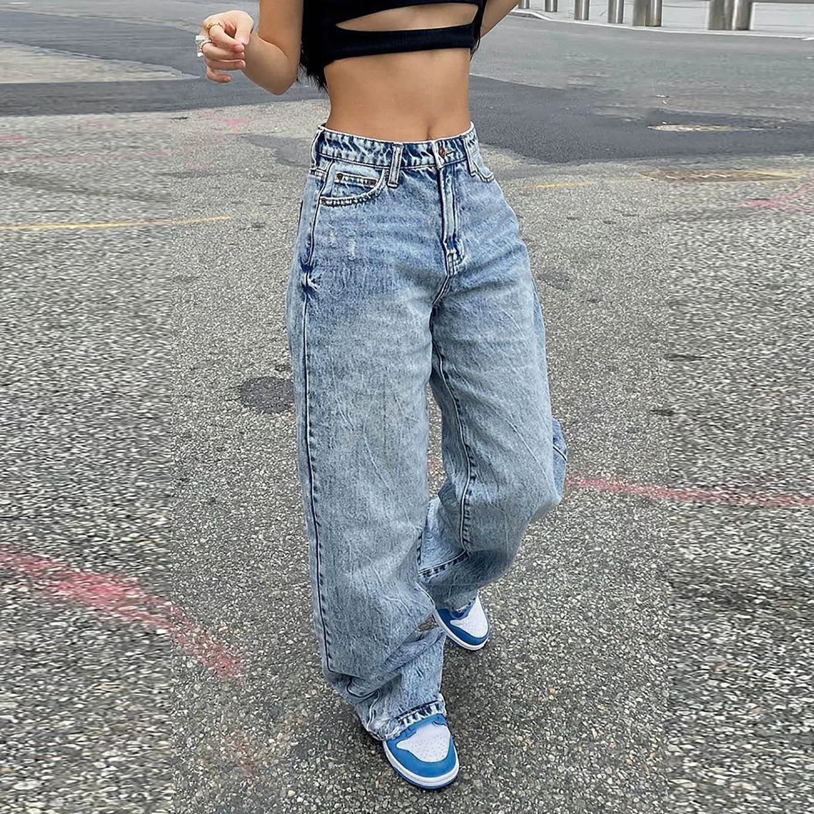 Women Casual Loose Jeans Stretch Solid Color Button Pocket Trousers Y2k Jeans Jeans for Women Female Clothes Loose Jeans Ladies