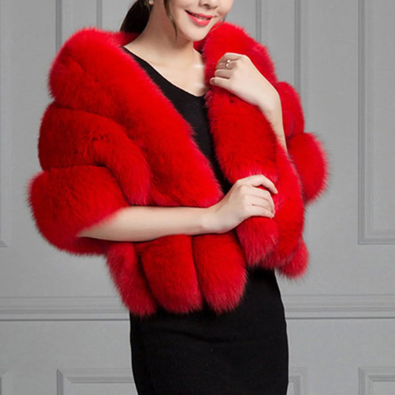 High Quality Faux Fur Wedding Shawl Soft Thick Bridal Wrap Solid Color Shawl s Women Accessory Formal Party Elegant Shawl Red One Size