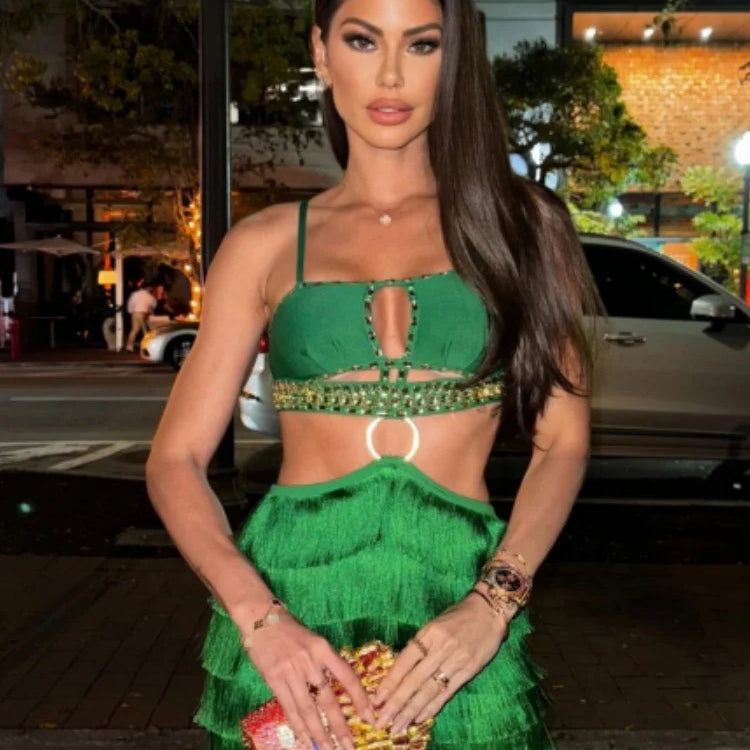 Green Color Women Sexy Strap Bodycon Mini Bandage Dress Tassels Shinning Crystal Nightclub Party Celebrate Dress