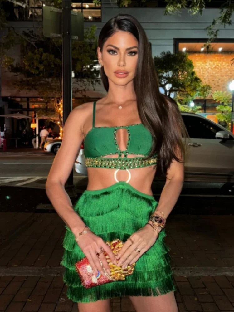 Green Color Women Sexy Strap Bodycon Mini Bandage Dress Tassels Shinning Crystal Nightclub Party Celebrate Dress