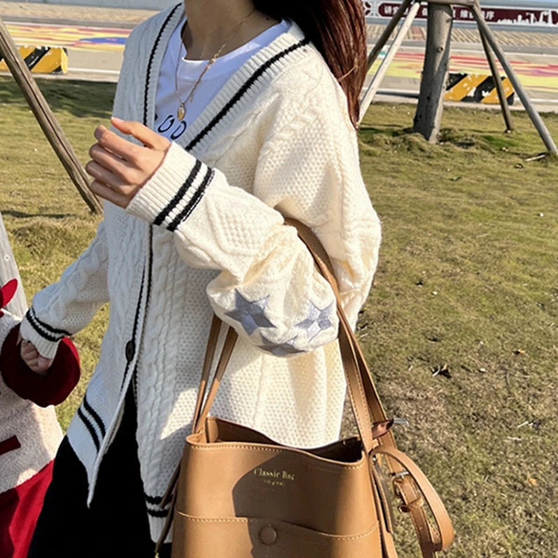 Winter Loose Cardigans Women Star Embroidered Tay Vintage Y2K Streetwear Single Breasted Long Sleeve Top Swift Knitted Sweaters