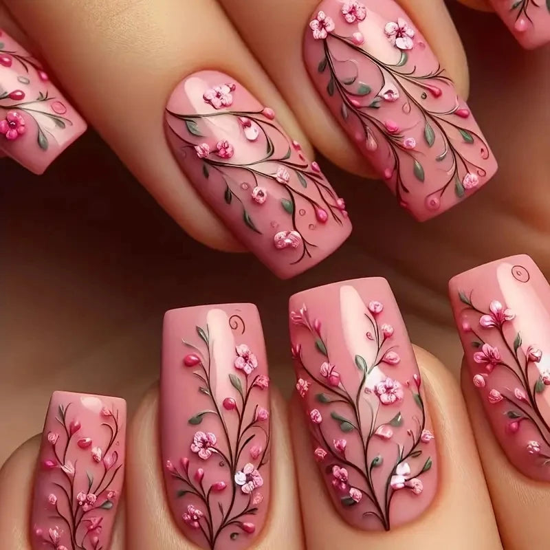 24 pieces of nail art wearing armor, designed with press on fake nail pieces, colorful flowers and plants