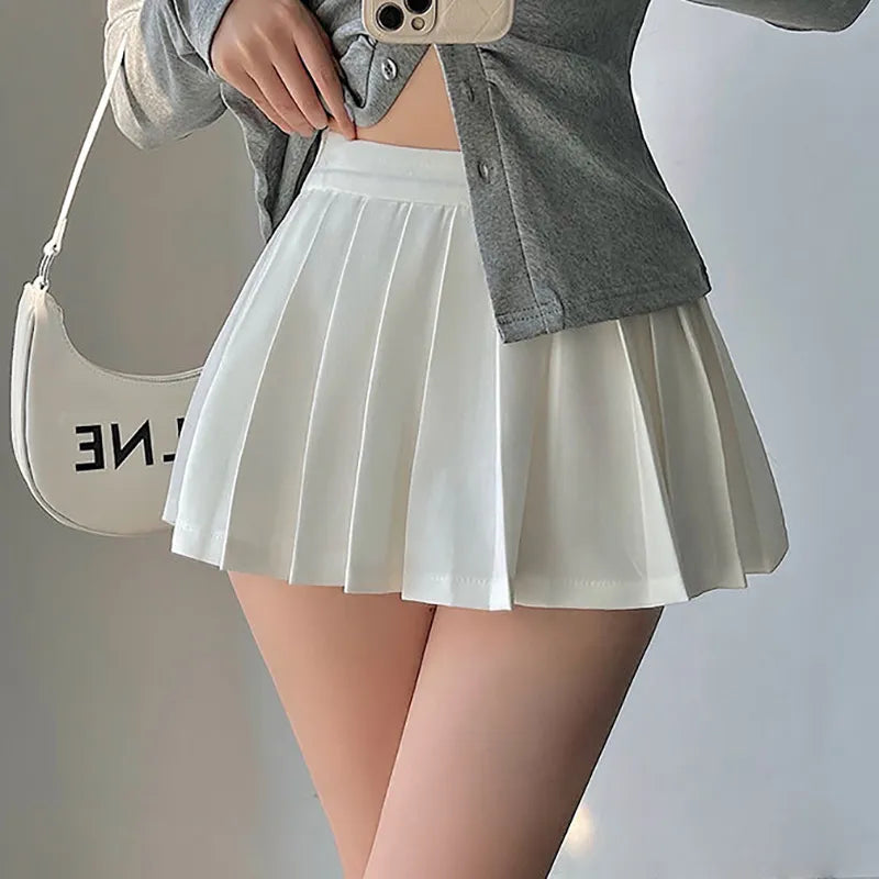 Pleated Skirt with Shorts Women Sexy High Waist Irregular White Black A-line Gyaru Tennis extreme Mini Skirt School White