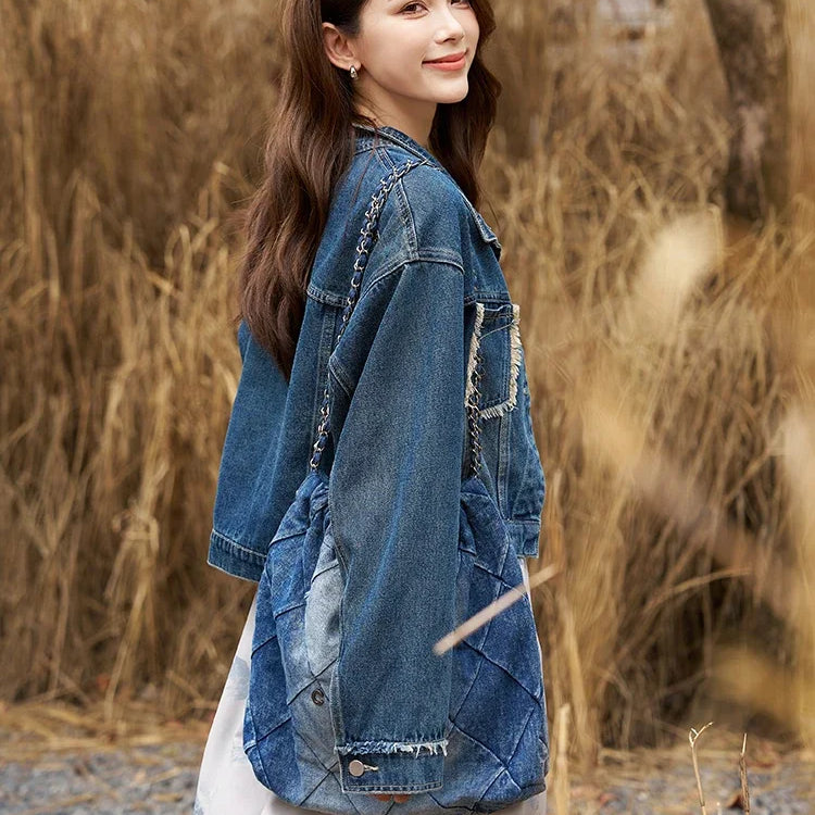 Women's Denim Coat with Raw Edge Autumn Korean Loose Pocket Embroidery Polo Neck Streetwear Casual Jacket