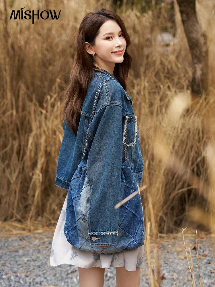 Women's Denim Coat with Raw Edge Autumn Korean Loose Pocket Embroidery Polo Neck Streetwear Casual Jacket