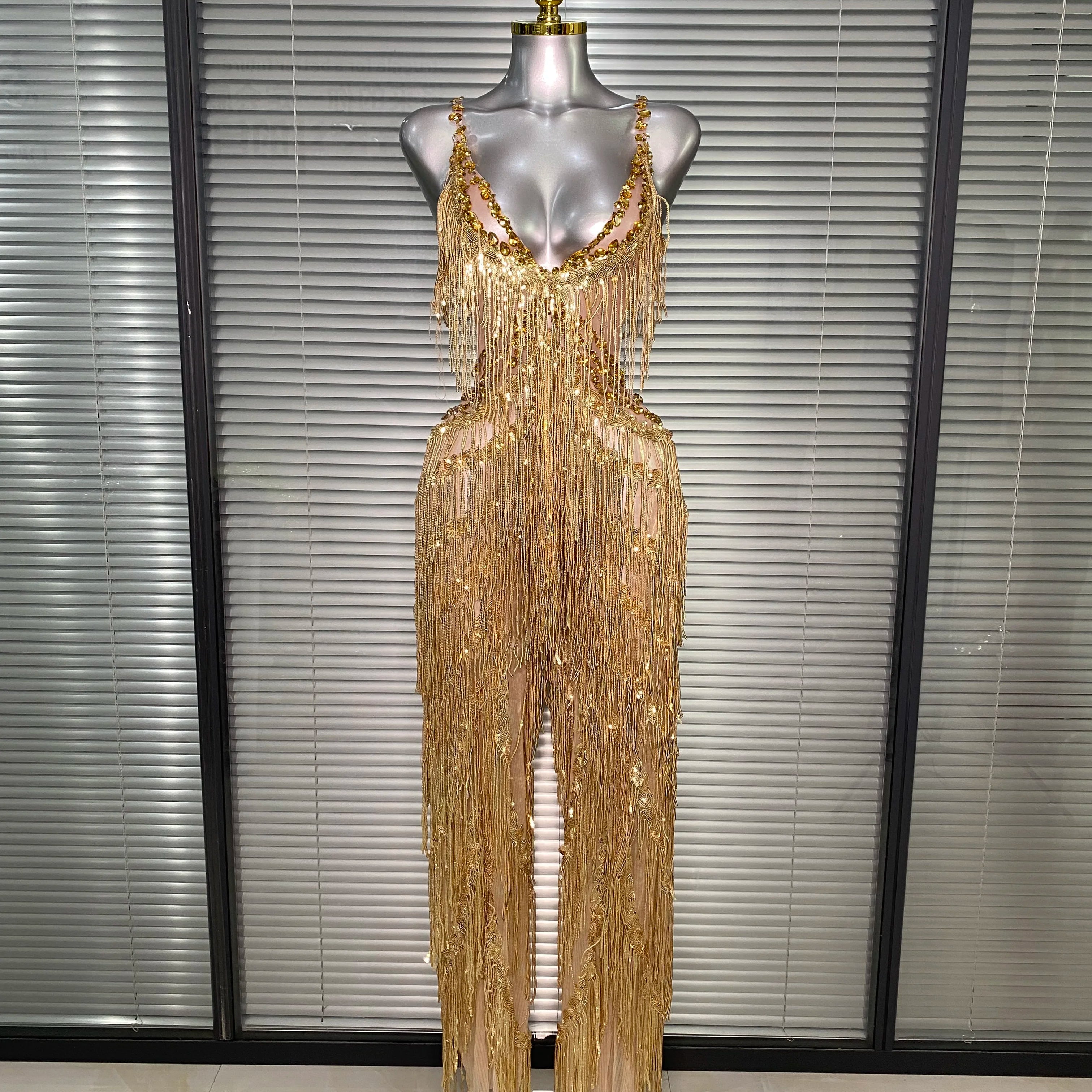 Brand New 2025 Women Sexy Gold Tassel Crystal Jumpsuit Celebrity Designer Stretchy Singer Dancer Stage Night Club Rompers