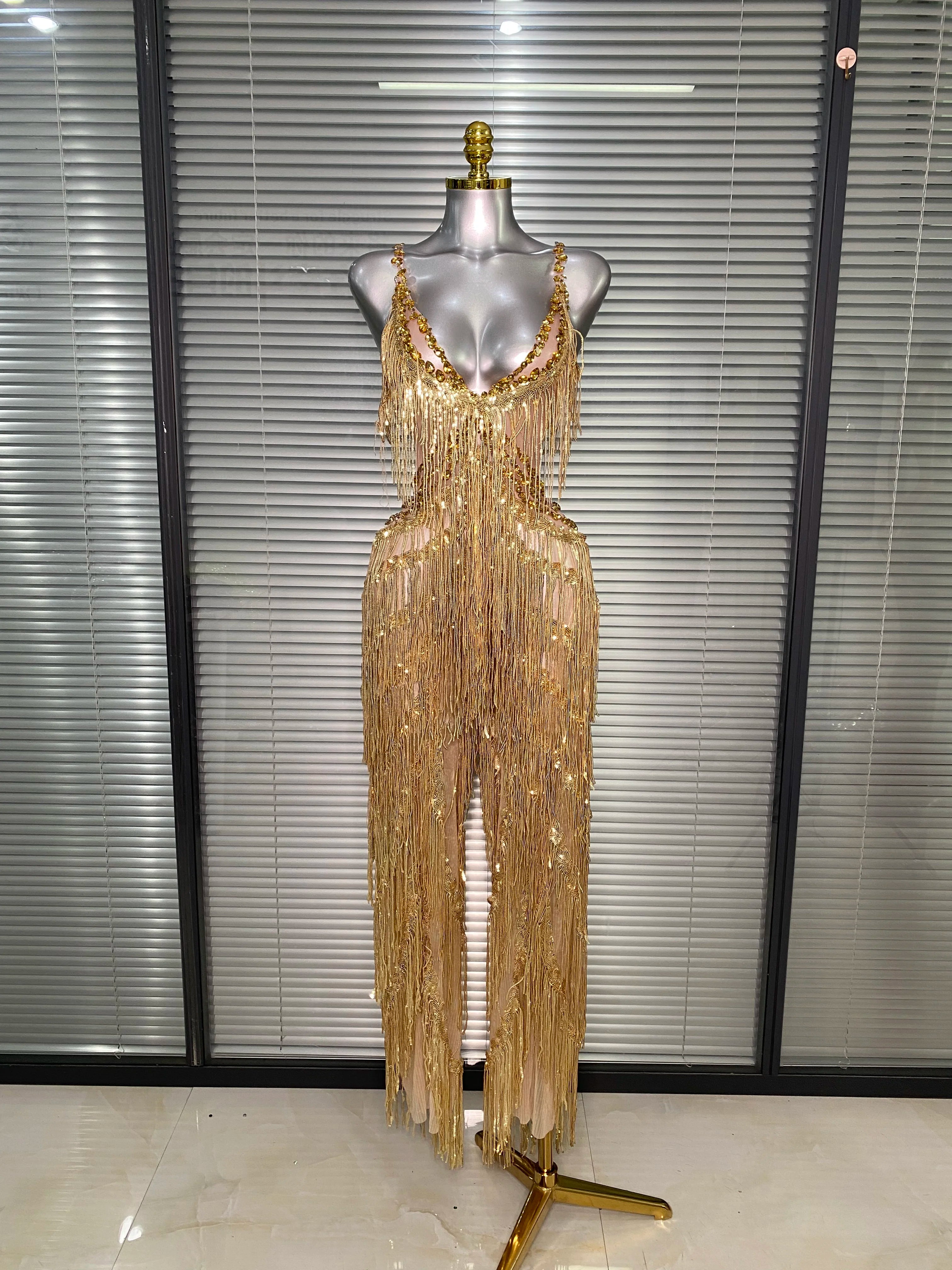 Brand New 2025 Women Sexy Gold Tassel Crystal Jumpsuit Celebrity Designer Stretchy Singer Dancer Stage Night Club Rompers