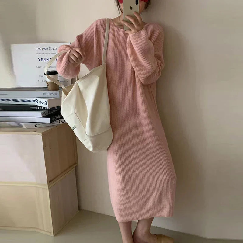 Winter Casual Long Knitted Sweater Dress Elegant New Solid Crew-neck Furry Pullover Dress Women Long Sleeve Party Dress
