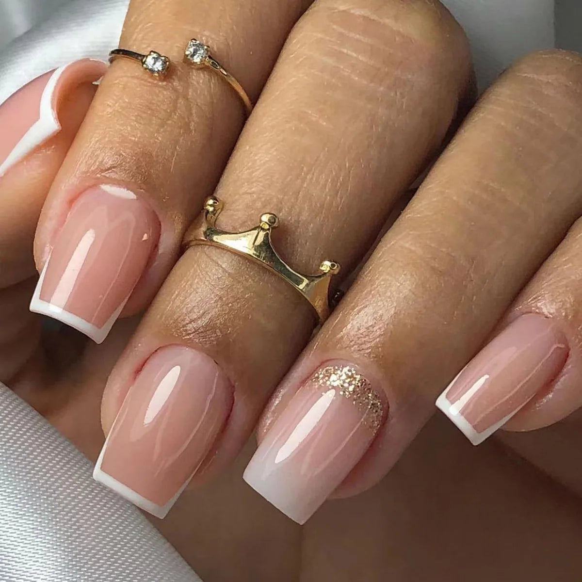 24pcs/set short fake nails for women girls french nude square white tips with rhinestones glitters Y2K  press on false nail art