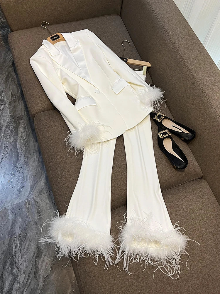Feather Sleeve Pant Sets Blazer Pantsuits Two Pieces Set Spring Satin Collar Jacket Straight Pants Suits Outfits Women white sets