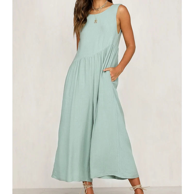 Women Casual Loose Long Jumpsuit Summer Solid Strap Wide Leg Jumpsuit Tie Up Backless Solid Color Vacation macacao feminino SKY BLUE