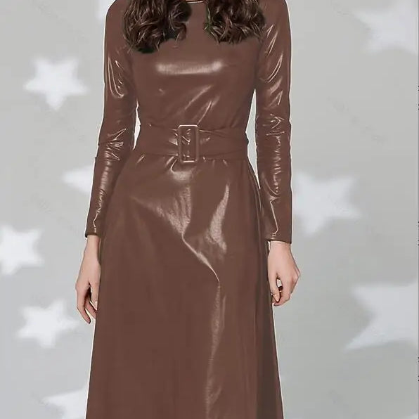 Fashion Belt Faux Leather Dresses Women Long Sleeve Slim Fit PU Dress Sexy Club Wear Autumn Winter Light Brown