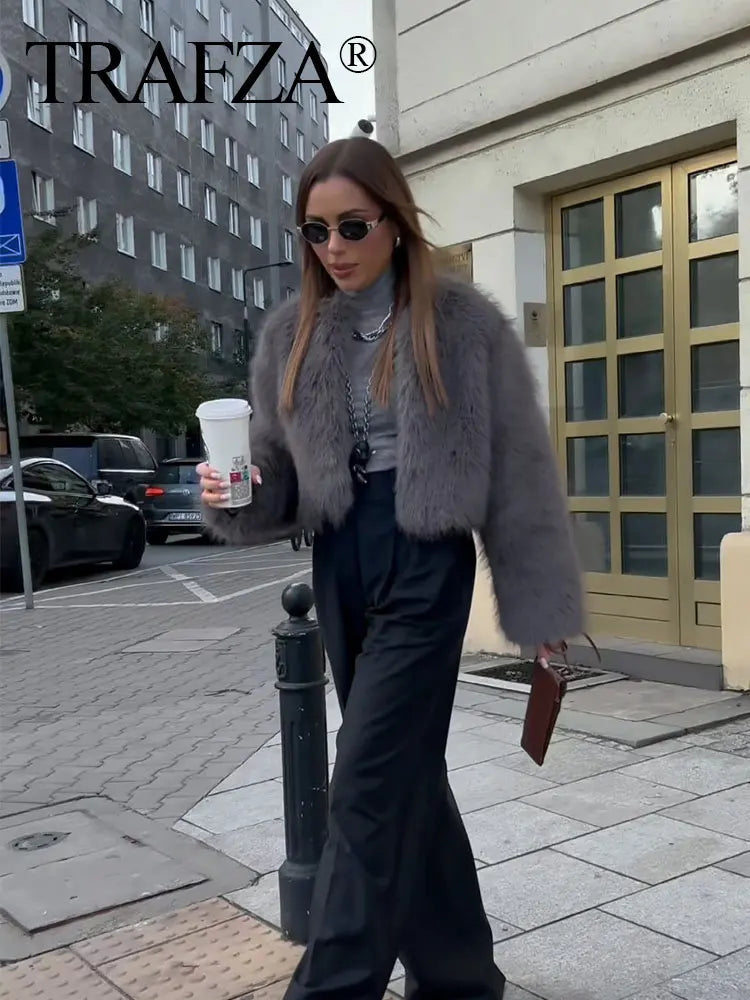 Winter New Fashion Female O-Neck Vintage Long Sleeve Loose Streetwear Top Woman Artificial Fur Effect Jacket Coats