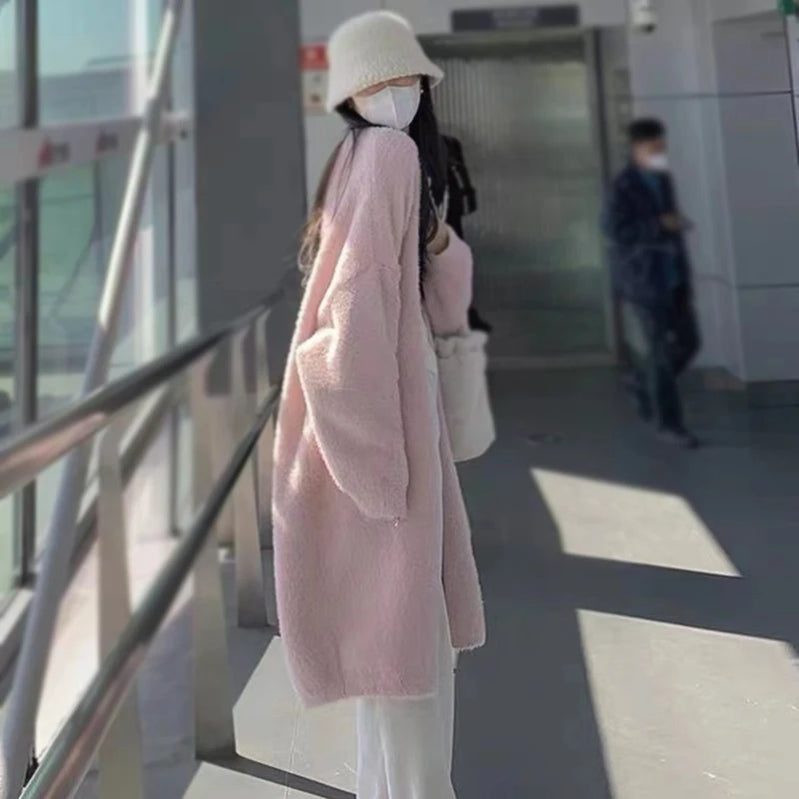 Women Sweater Cardigans Winter Knitted Jackets Warm Thickened Fleece Solid Color Knitted Coat Female Soft Long Sweater Cardigan