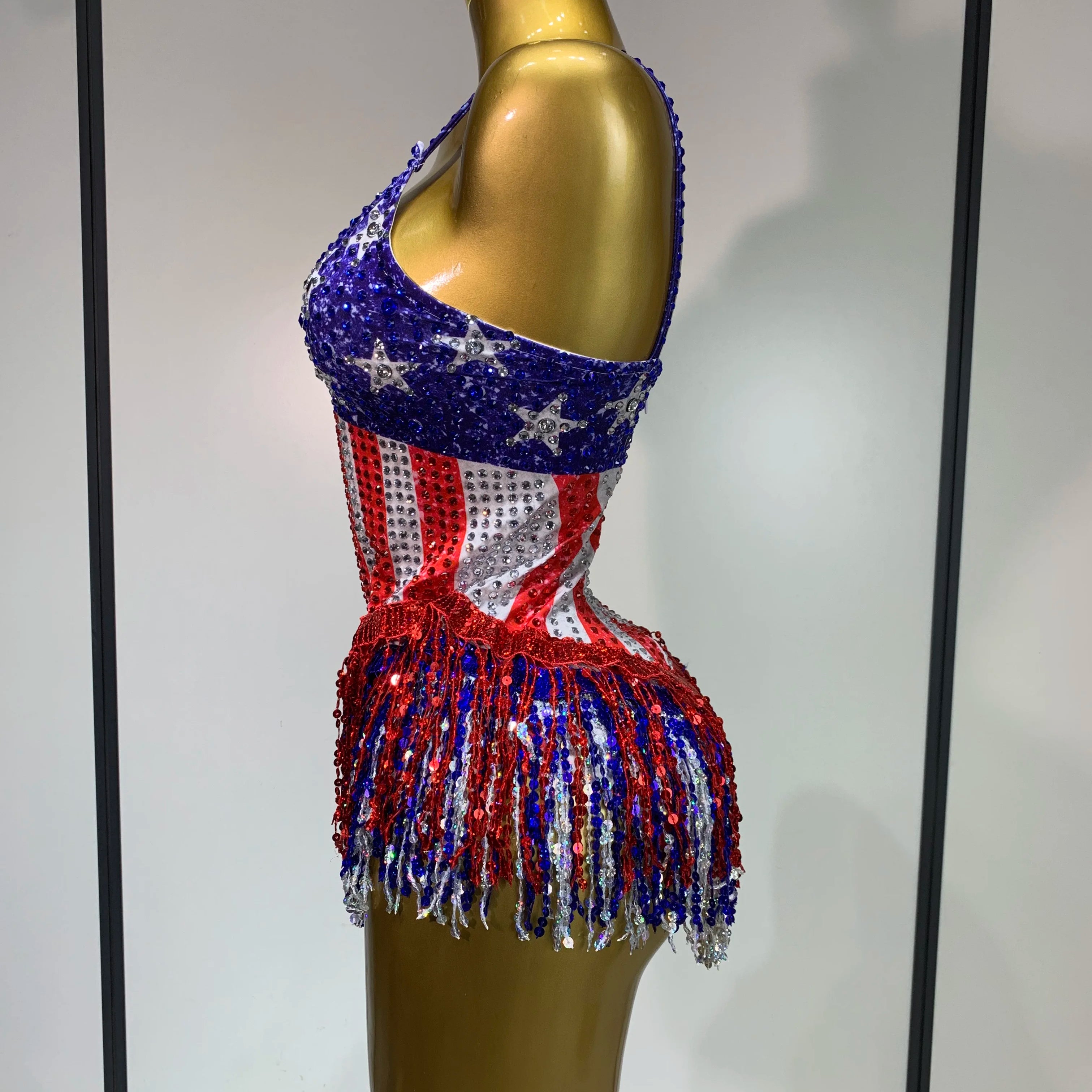 Shiny Rhinestones Tassel Bodysuit Performance Dance Singer Costume Evening Party Nightclub Stage Leotard Cheerleading Outfit