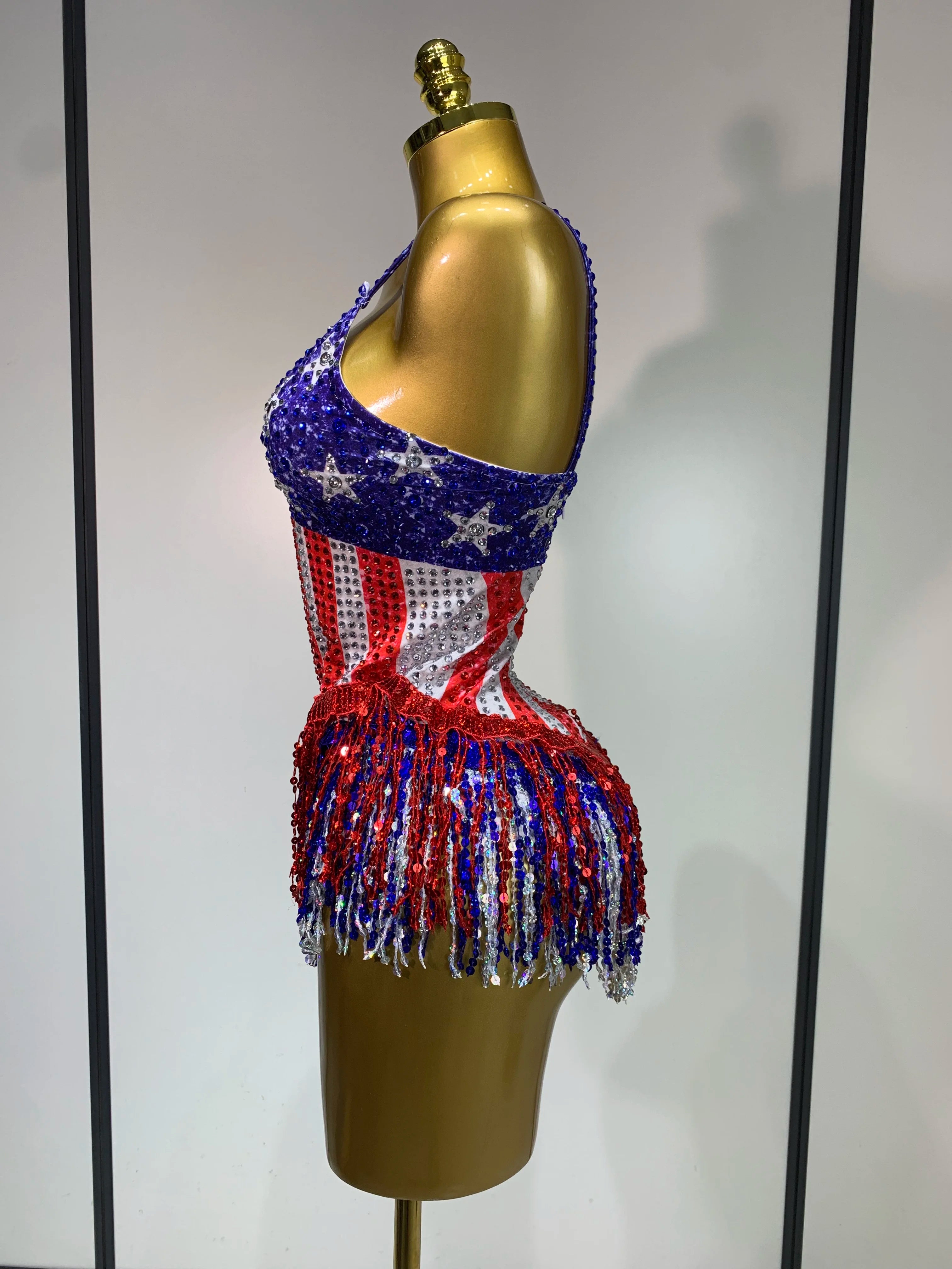 Shiny Rhinestones Tassel Bodysuit Performance Dance Singer Costume Evening Party Nightclub Stage Leotard Cheerleading Outfit