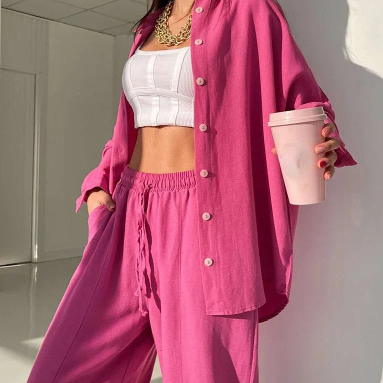 Women's Summer Suit with Pants Summer Loose Wide Leg Trousers Elegant Two Piece Suit Set for Women Buttons T-shirts Outifit Rose red