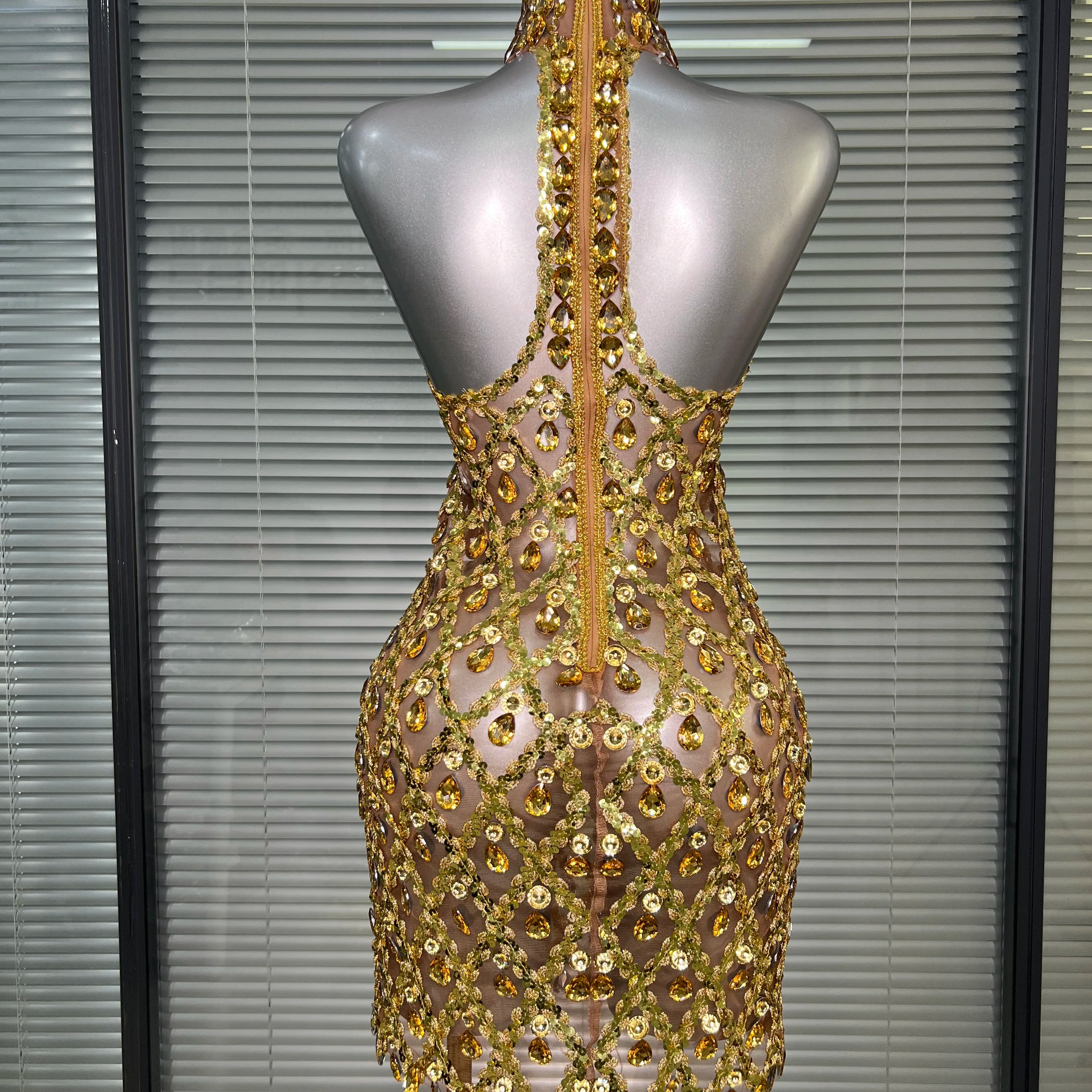 Women Sexy See Through Mesh Gold Costume Stage Dancer Singer Night Club Celebrity Mini Party Dress