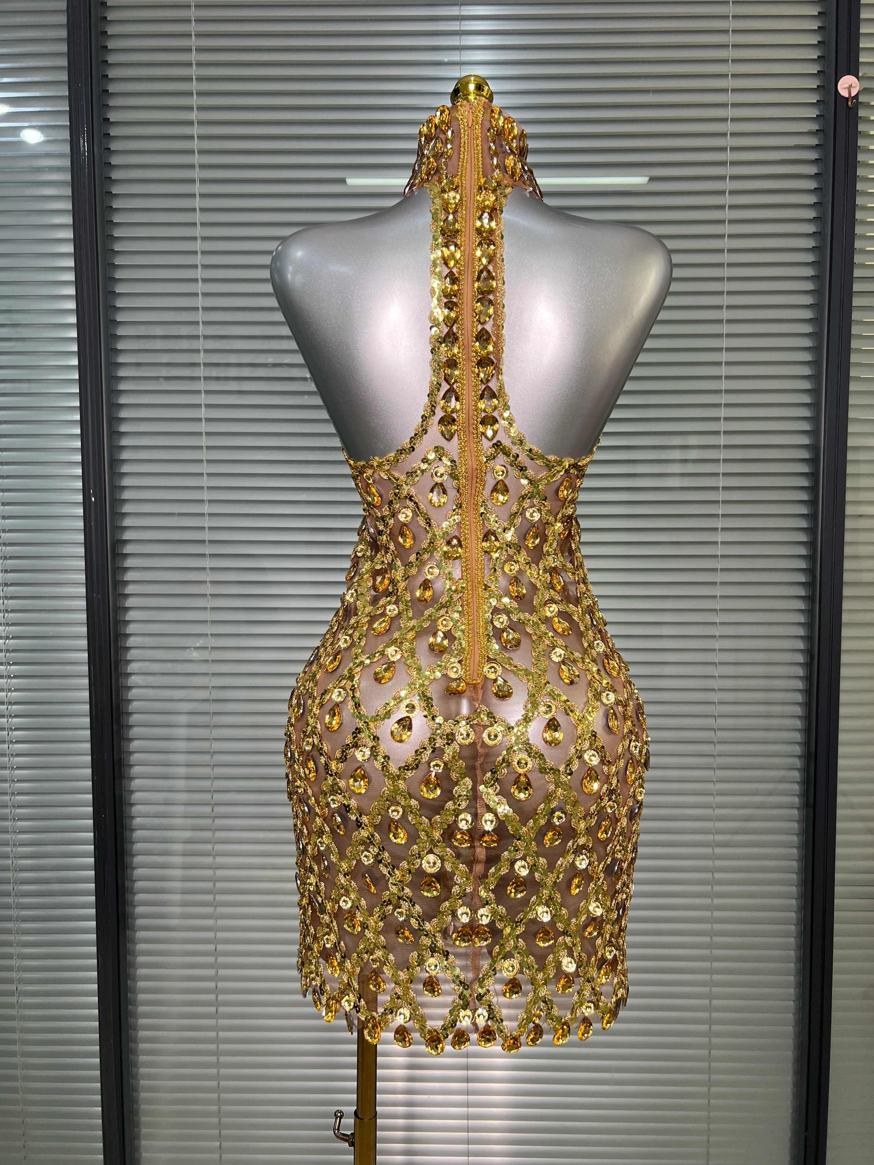 Women Sexy See Through Mesh Gold Costume Stage Dancer Singer Night Club Celebrity Mini Party Dress