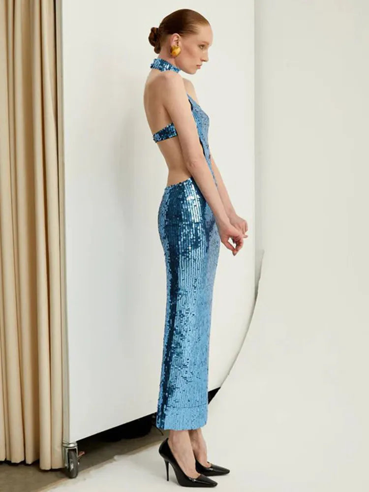 Sexy Backless Halter Mesh Sequins Navy Blue Midi Women Celebrity Dress 2024 Elegant Party Evening Club Vestido