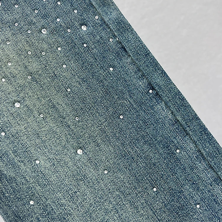 Women's Jeans High Waist Solid Color Sequins Diamond Loose Straight Wide Leg Denim Pants Winter Fashion