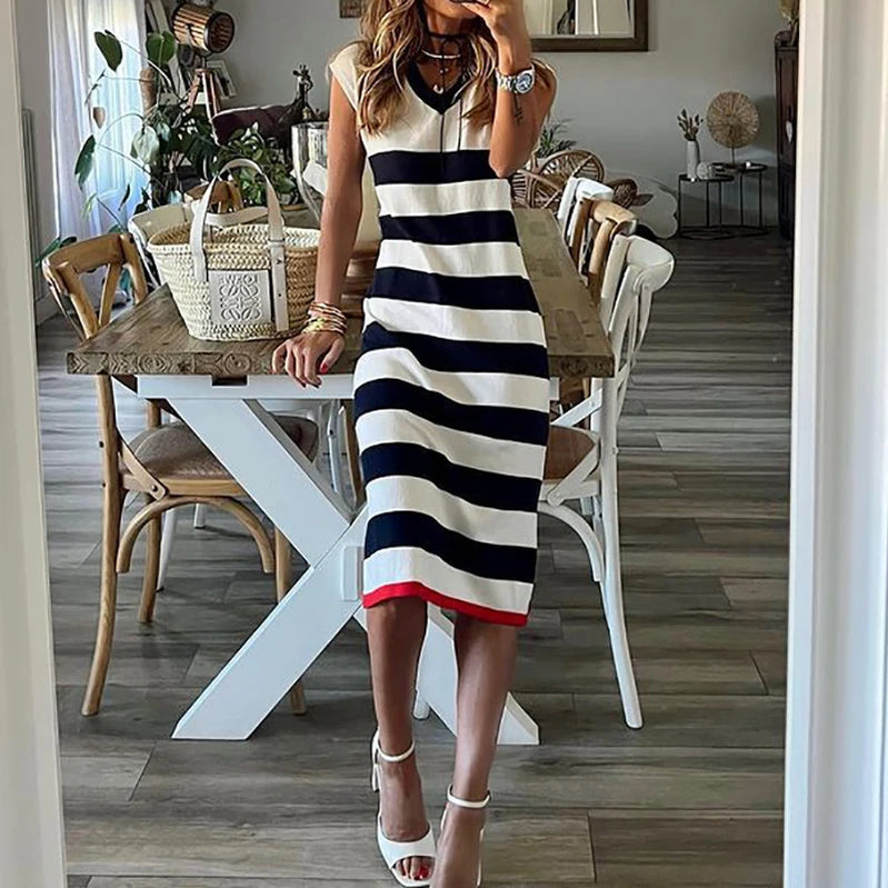 Women Elegant Striped Printing Sleeveless Party Dress Office Lady V Neck Shirt Dress Casual Female Loose Mid Dress Vestidos 2023 01 Print