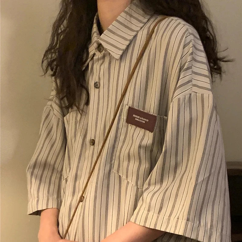 Vintage Striped Women with Tie Blouses Harajuku Oversized Loose Preppy Tops Japanese Summer Fashion Long Sleeve Shirts