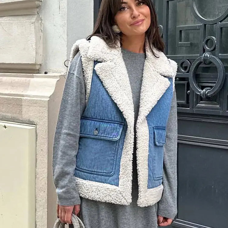Women Faux Sheepskin Fur Waistcoat Autumn Winter Chic Lady Denim Vest Woman Sleeveless V Neck Jacket Waistcoats