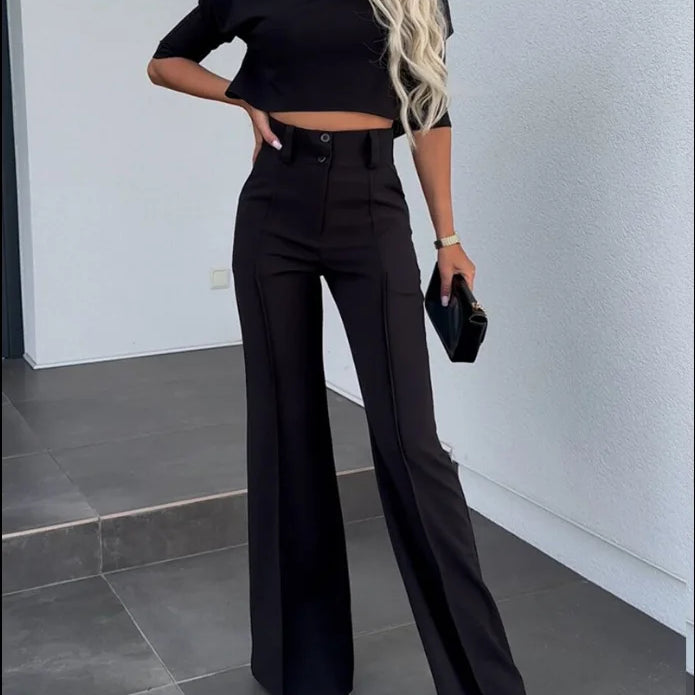 2024New Fashion Women's Elegant Small High Neck Casual Shorts Top Pocket Micro Horn Elegant Pants Set black