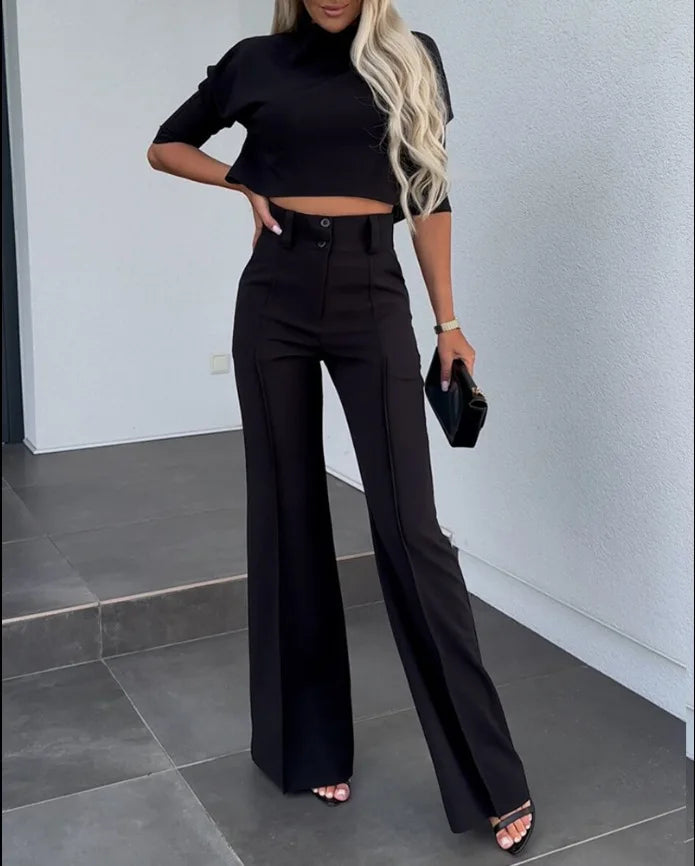 2024New Fashion Women's Elegant Small High Neck Casual Shorts Top Pocket Micro Horn Elegant Pants Set black
