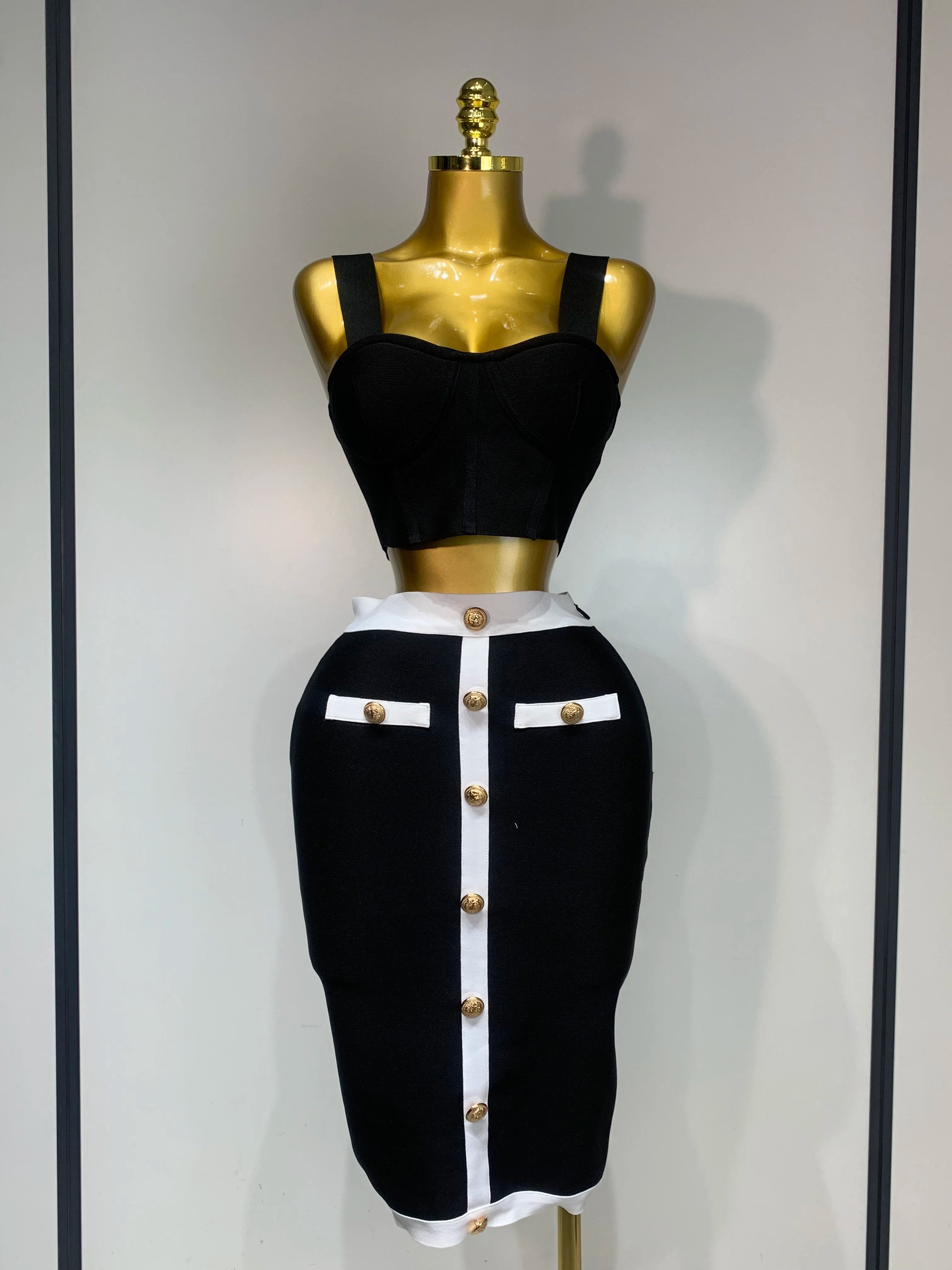 Women Button Patchwork White Black Bodycon Bandage Two Piece Set 2025 New Arrival Designer High Waist Party Club Skirt Set