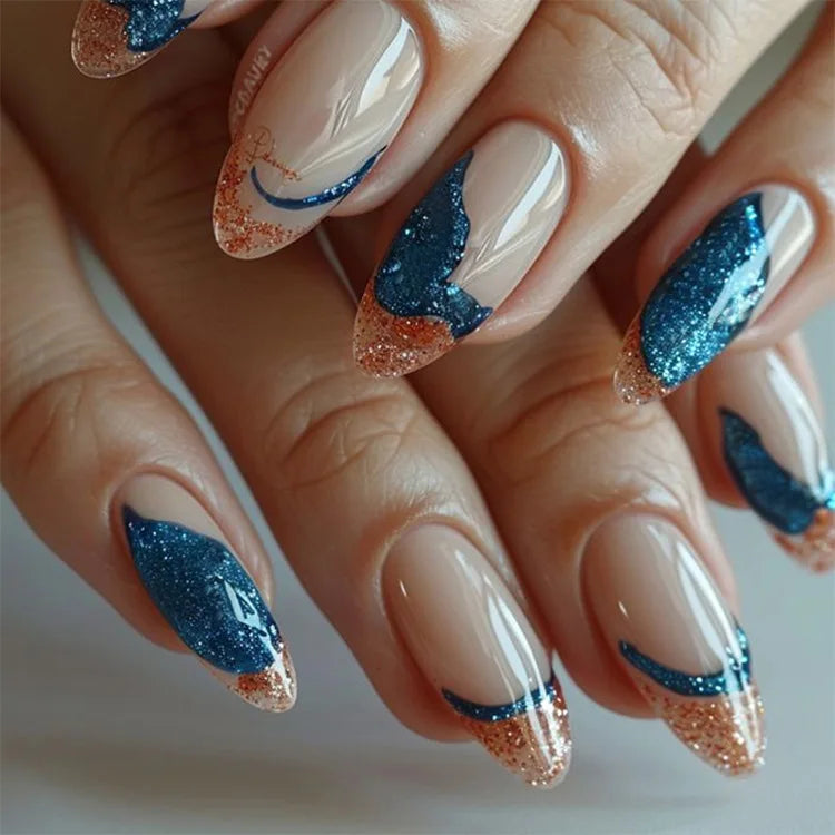24pcs/set medium long fake nails for women starry star moon planet gradient glitter design almond ballet tip press on false nail