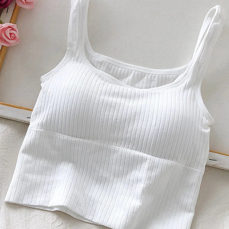 Summer Crop Top Women Seamless Square Collar Wide Straps Tank Top Knitted Striped Camisole Solid Corset Top Female White one size for 40-65kg