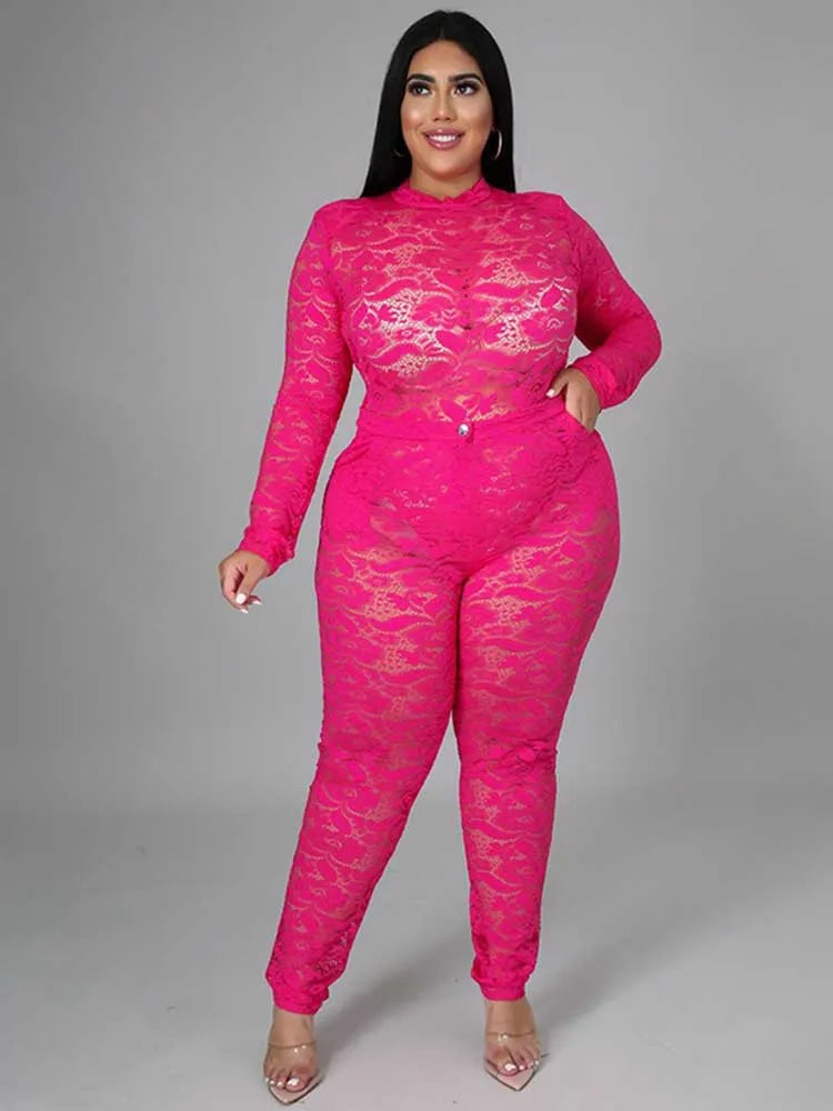 Chic and Elegant Woman Set Night Club Wear Plus Size Women Hot Outfit Transparent Lace Bodysuit and Pants Sexy Festival Outfit
