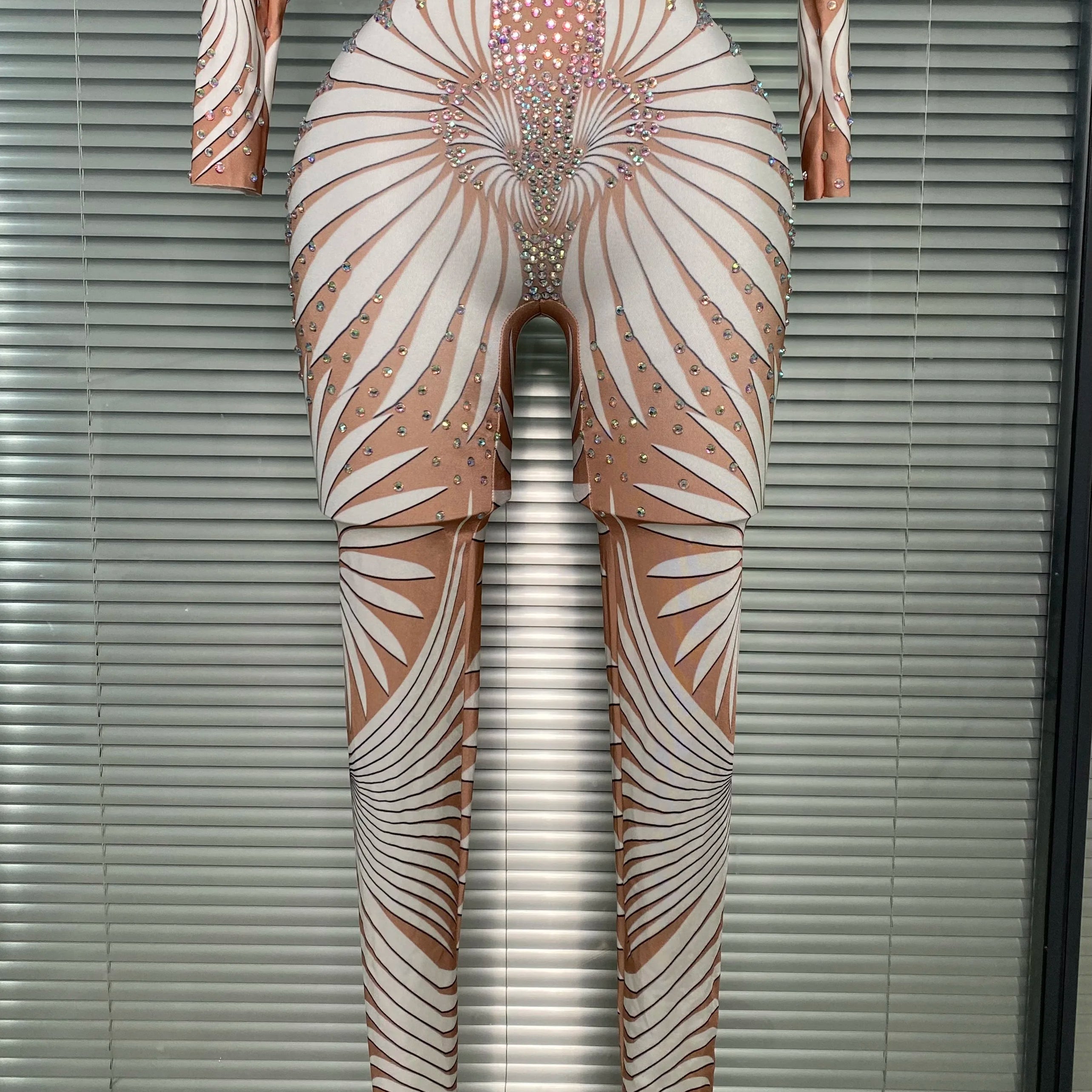 New 2025 Women Sexy Print Crystal Skin Bodycon Jumpsuit Celebrity Designer Stretchy Singer Dancer Night Club Rompers