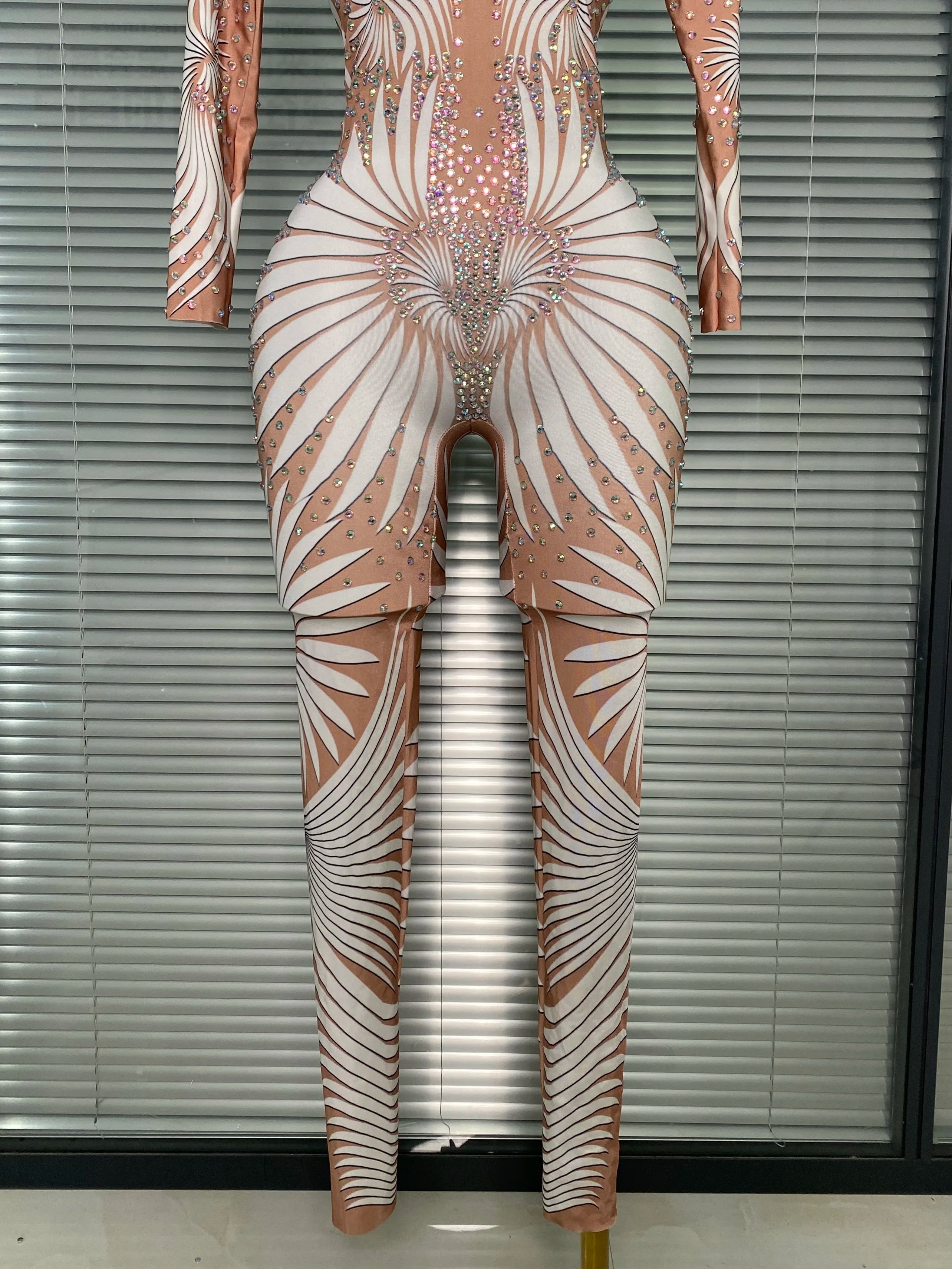 New 2025 Women Sexy Print Crystal Skin Bodycon Jumpsuit Celebrity Designer Stretchy Singer Dancer Night Club Rompers