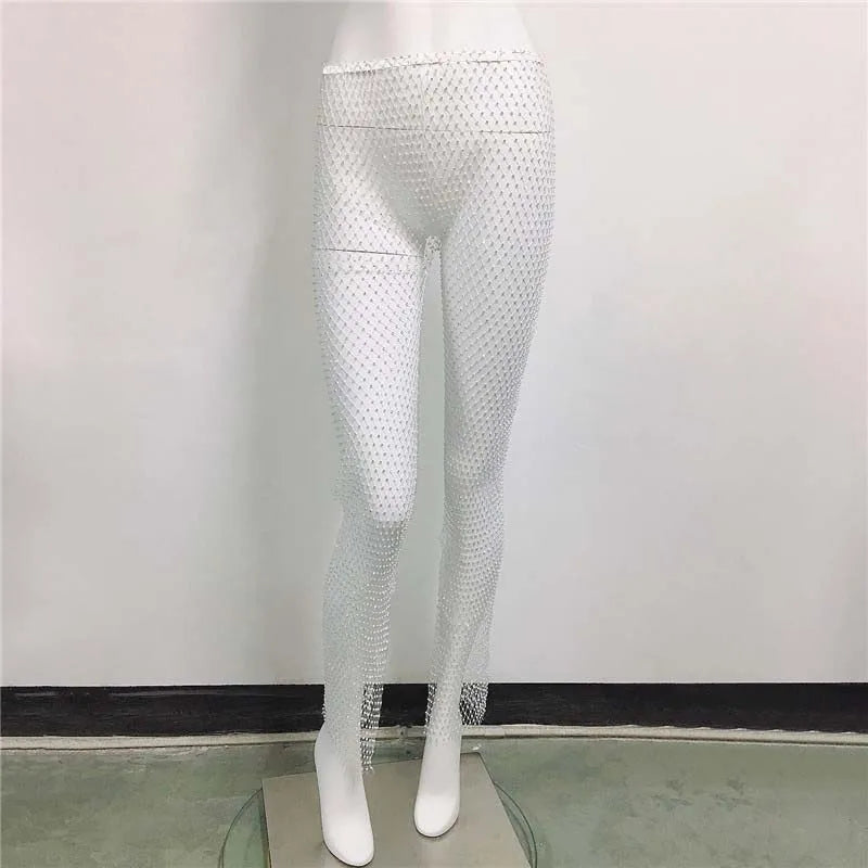 Sexy y2k streetwear Fishnet Rhinestone pants women clothing see through club party pants vintage clothes wide leg pants trousers White