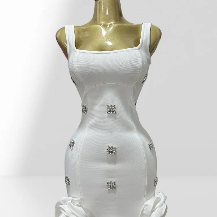 2025 Summer Shining Diamonds Sleeveless Sexy Bodycon Mini Bandage Dress Ruffles Celebrate Evening Party Birthday Outfit Vestido