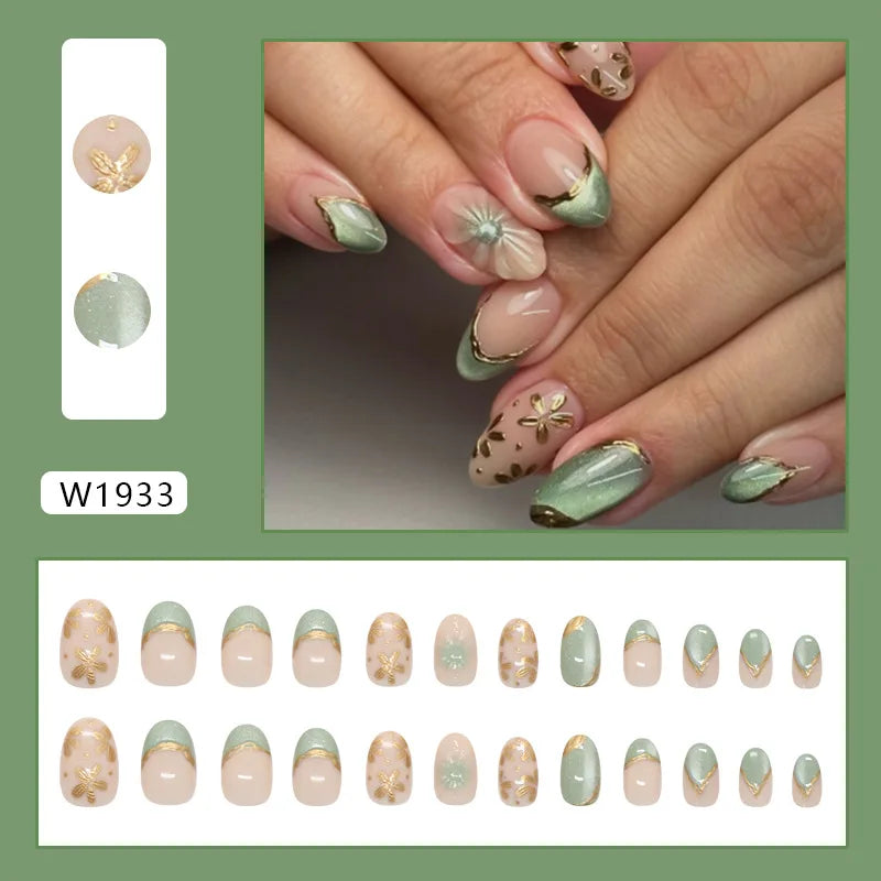 24pcs Y2k Love False Nails Sweet Cool Blue Blush Butterfly Print Fake Nails Tips Wearable Detachable Almond Press on Nails