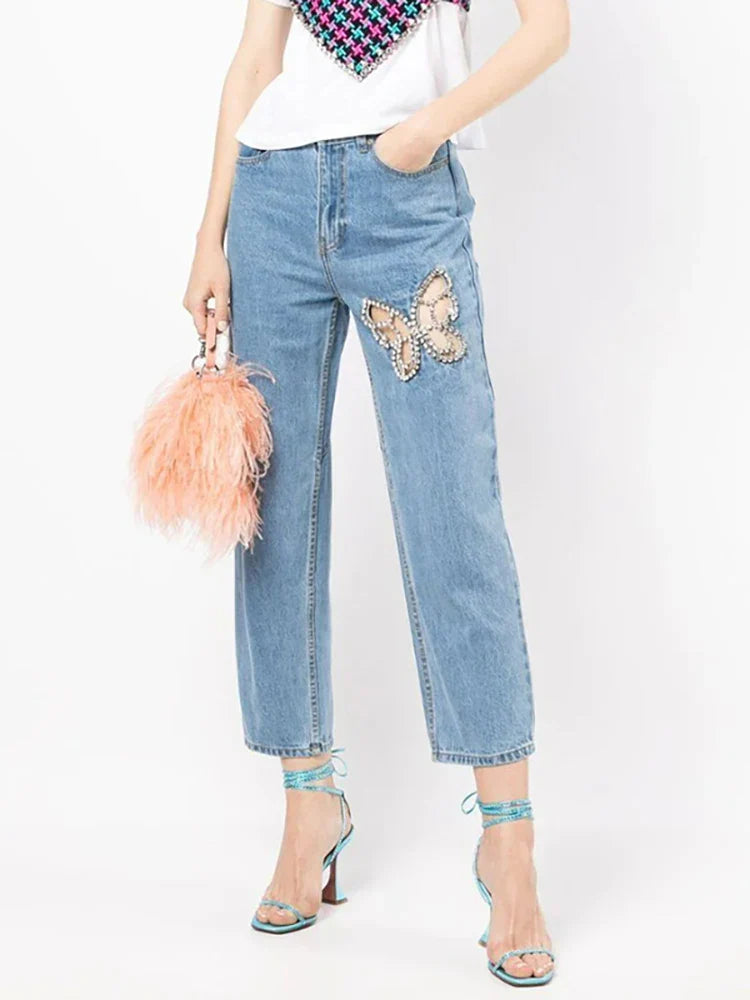 DEAT Women Notched Collar Diamond Tassel Short Denim Coat High Waist Butterfly Hollow Out Jeans Summer New Fashion 29L2717