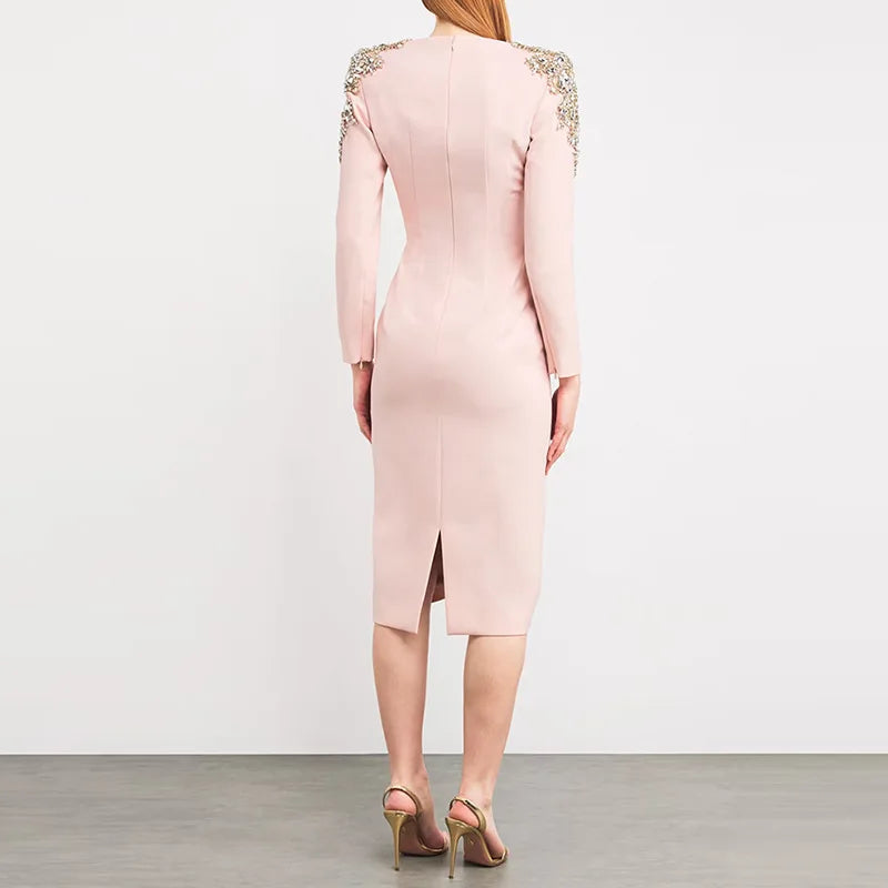 TWOTWINSTYLE Solid Slimming Elegant Dresses for Women Round Neck Long Sleeves Patchwork Bead Temperament Dress Female Clothing