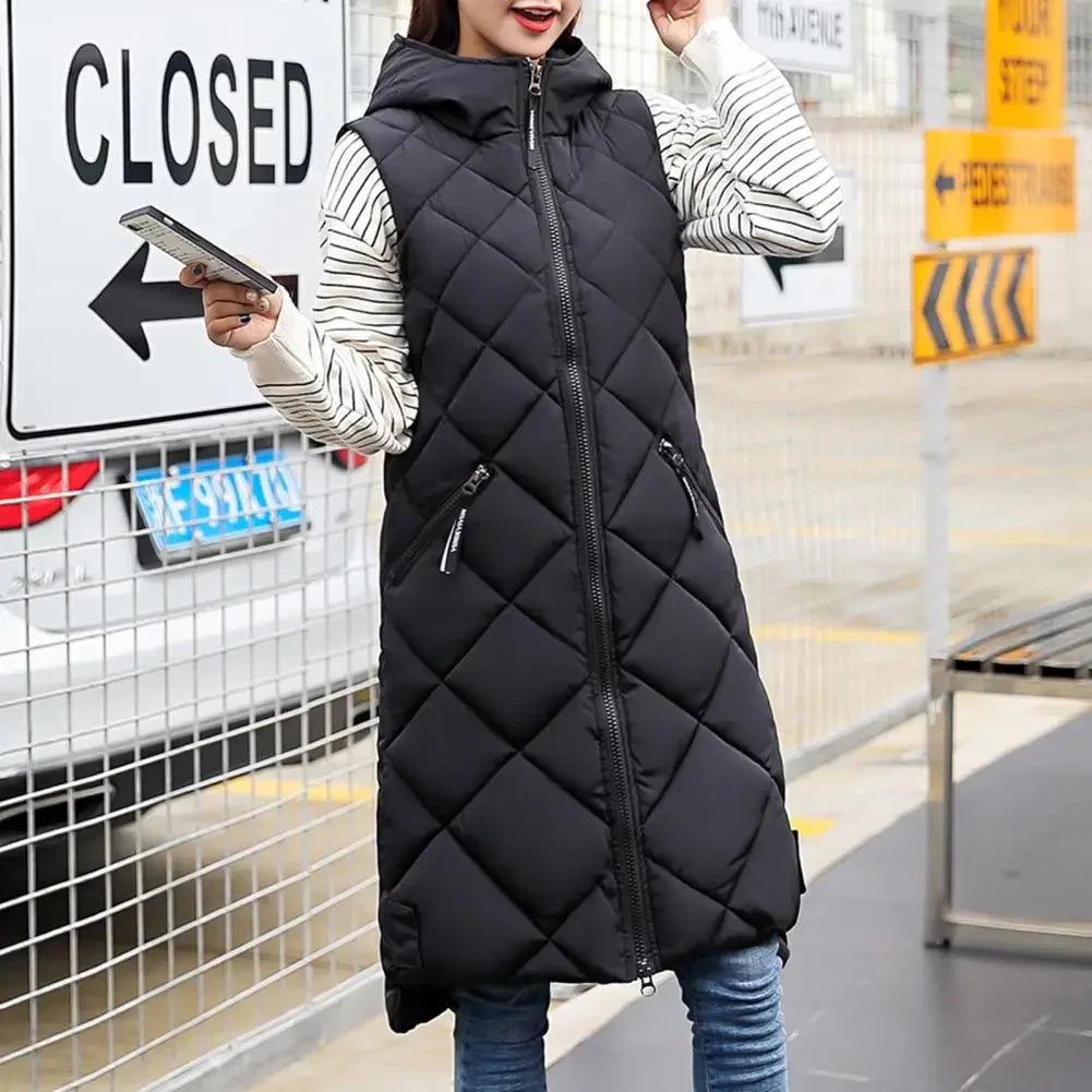 Vest Hooded Women Vest Jacket Long Diamond Grid Shaped Jacket Zipper Sleeveless Cardigan Trendy Style Autumn Winter Streetwear