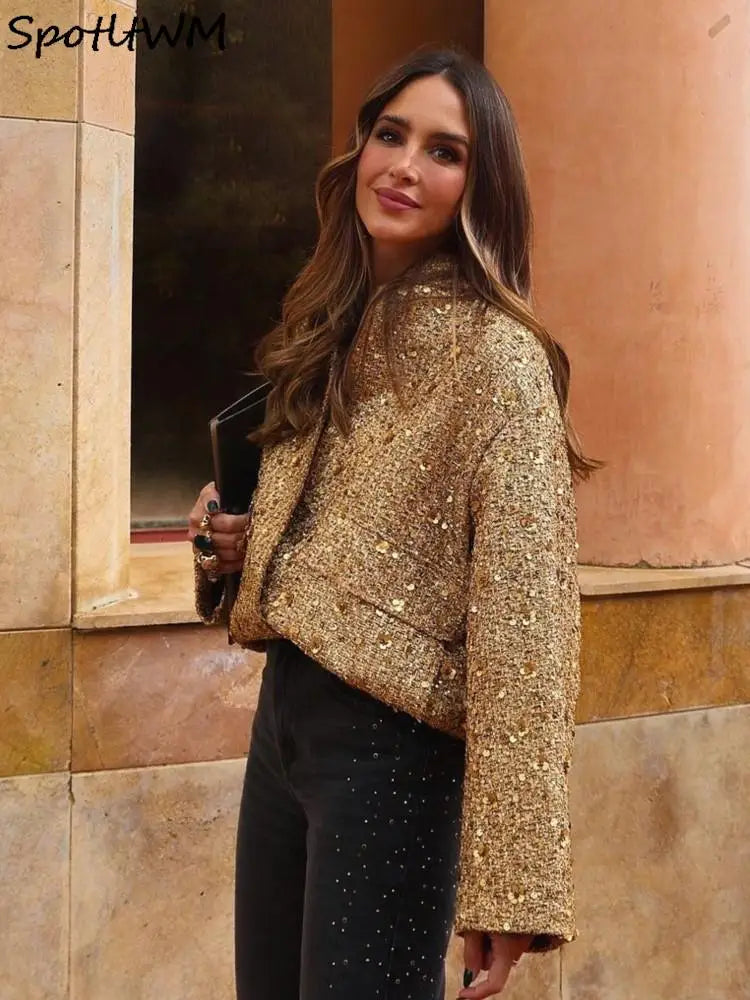 Fashion Gold Sequin O-neck Women Short Jacket Covered Button Long Sleeve Loose Elegant Coat Autumn farty Casual Lady Streetwears
